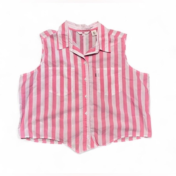 Levi's Tops - Levi's Pink and White Striped Womens Button Down Shirt Coastal Cropped Size XL